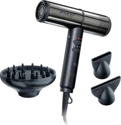 A black hair dryer with accessories on a white background.