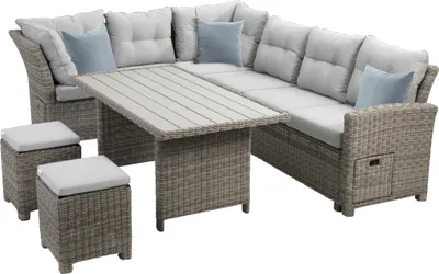 An outdoor lounge set with a sectional sofa, table, and stools on a white background.