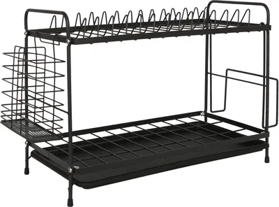 Produktbild von 2-stufiges Abtropfgestell für Küchenspüle aus Metall mit Abtropfschale zum Trocknen und Aufbewahren des Abtropfbretts – Schwarz