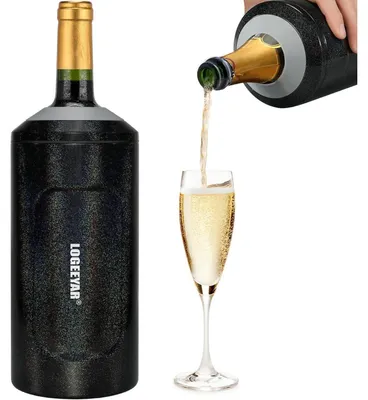 Productafbeelding van Wijnkoeler met deksel, 750 ml, dubbelwandig roestvrij staal, draagbaar, zwart