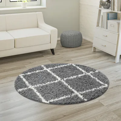 Image de Tapis à poils longs Doux Salon Shaggy Style scandinave Motif losange Taille 160 cm Rond