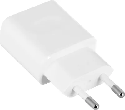 A white USB charger with silver prongs on a white background.
