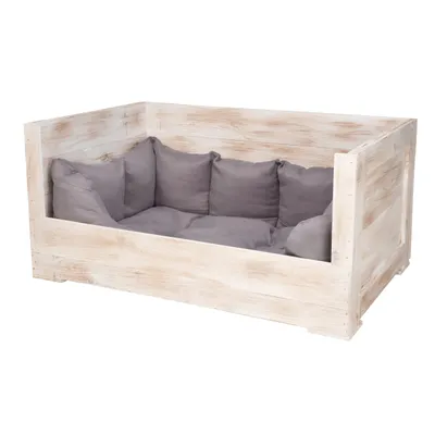 Produktbild von 1x weiße Holzkiste Vintage mit Tafelfarbe lackiert, zum beschriften /90x57x45cm/ Hundebett mit Stoffeinsatz