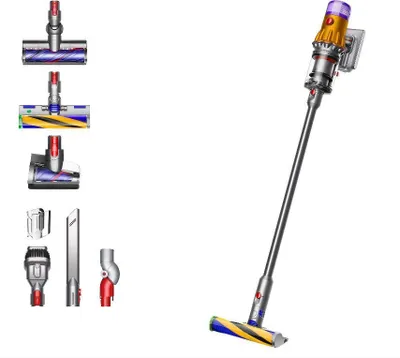 A cordless vacuum cleaner and its attachments are displayed against a white background.