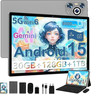 Produktbild von 2026 Android 15 Tablet 10 Zoll IPS HD, 30GB RAM 128GB Speicher erweiterbar 2TB, Octa-Core, 8000mAh, WiFi 6, Face ID, Widevine L1,mit Tastatur und Maus