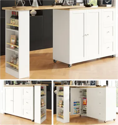 Produktbild von Um 360° drehbare Kücheninsel – Barwagen mit 3 Schubladen und Snackregal, multifunktionale Aufbewahrungsinsel auf Rollen, 135-203x39x106 cm, Weiß/Schwarz