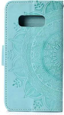 A close-up view of a teal flip phone case with an embossed mandala pattern.