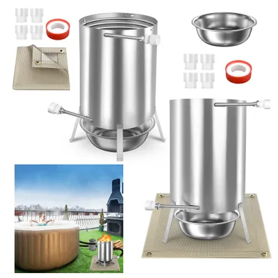 Produktbild von UISEBRT 2er 30x52x40cm Poolheizung Feuertonne mit Feuer Edelstahl Poolofen Anschluss 32/38mm Ascheschale Feuerschutzmatte Brennholz Pool Heizung 12L