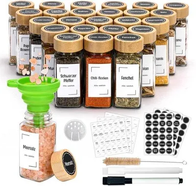 Produktbild von Famanu Gewürzgläser Set, quadratisch, 24 Stück mit Bambusdeckel, 120 ml, Gewürzstreuer, Gewürzglas mit Trichter und Etiketten