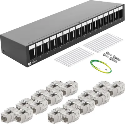 A patch panel and keystone modules are displayed on a white background.