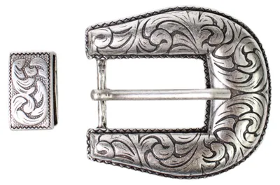 Produktbild von FRONHOFER Gürtelschnalle + Schlaufe in silber mit Verzierungen 3 cm