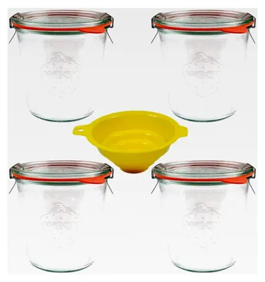 Produktbild von 4 Weckgläser/Rundrandgläser in Sturzform 500 ml inklusive Klammern, Ringen und einem gelben Einfülltrichter mit Arretierung