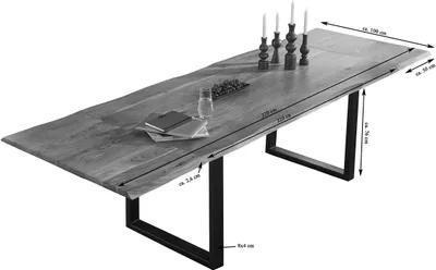 Produktbild von Baumkantentisch 220 (320) x 100 cm Adina, Akazienholz naturfarben & massiv, Esszimmertisch mit 2 Ansteckplatten, Mattschwarzes U-Metallgestell, Platte 26mm