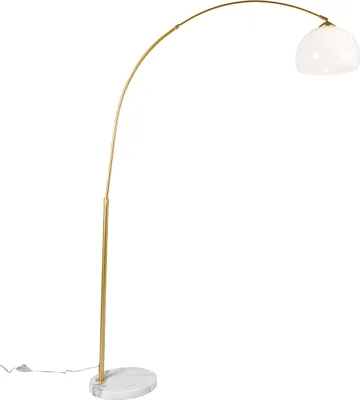 A modern brass arc floor lamp with a white shade and a marble base, isolated on a white background.