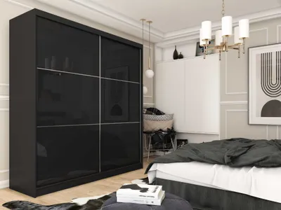 Produktbild von Schwebetürenschrank Viva, Kleiderschrank mit 2 Türen, Moderne Garderobe in Farbe: Schwarz / Schwarz, Schrank in Größe: 200 x 216 x 61 cm