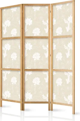 Produktbild von 3-teiliger Einseitiger Vlies Japanischer Paravent - Fish and Water Lilies - Light Oriental Fish Swimming Among Water Flowers on a Delicate Sand-Beige Background 135x172 cm Tiere g-B-10065-bh-a