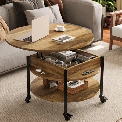 Produktbild von FABATO Runder höhenverstellbarer Couchtisch mit Rädern & Staufach – 26,77 Zoll (ca. 68 cm), 2-stufig, auch als Esstisch nutzbar, in Espresso