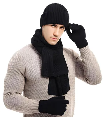 Produktbild von Mützen Schal Handschuh Set Herren 3-teilig Strick Fleece Touchscreen Schwarz