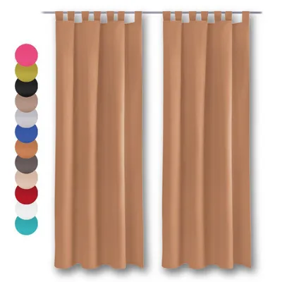 A product image showing two brown curtains hanging from a rod, with a color swatch palette on the left.
