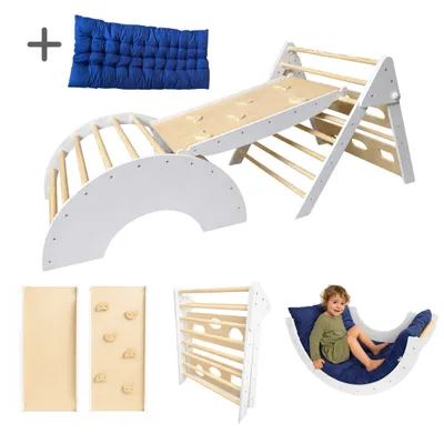 Produktbild von Dastium Kids 4 in 1 XXL Indoor Klettergerüst aus Holz mit Kletterdreieck, Kletterbogen, Rampe und Kissen - Weiß