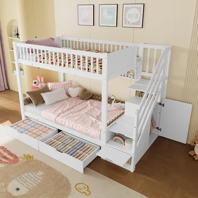 Produktbild von Etagenbett(Ohne Matratze),Kinderbett,mit Schublade,mit Regal,mit Kleiderschrank,mit Staufach,90x200cm,Weiß