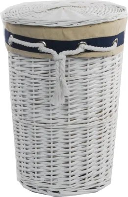 A white wicker laundry basket with a lid and a decorative band around the top.