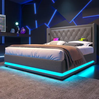 Imagen del producto de Cama tapizada Zerbaco, tamaño doble de 180x200 cm, color gris, confeccionada en algodón, con sistema hidráulico de almacenamiento, incluye cajón, función de carga USB y tipo-C, iluminación LED de 3 lados, sin colchón