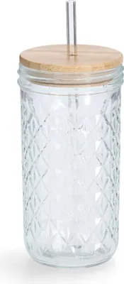 Produktbild von ZELLER 19648 Trinkglas mit Bambusdeckel und Glasstrohhalm, Ø 8,9 x 16,4 cm