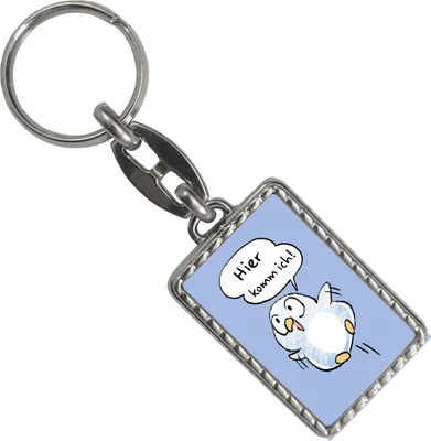 Produktbild von Baby Pinguin Schlüsselanhänger mit Bordüre mit Spruch Hier komm ich