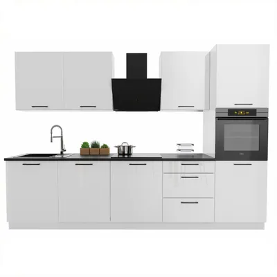 Obrázek produktu pro Kuchyňská linka 300 cm - Bílý lesk - s černou pracovní deskou - horní a dolní skříňky - tiché dovírání Soft-Close - Moderní nábytek - DENIS