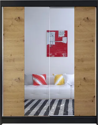 Produktbild von MIRJAN24 Schiebetürenschrank Camino II, Stilvoll Schlafzimmer Kleiderschrank (Farbe: Schwarz  / Artisan Eiche + Spiegel)
