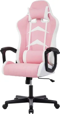 Produktbild von Famanu Gaming Stuhl Ergonomisch mit verstellbarer Kopfstütze und Lendenkissen - Rosa, hohe Rückenlehne