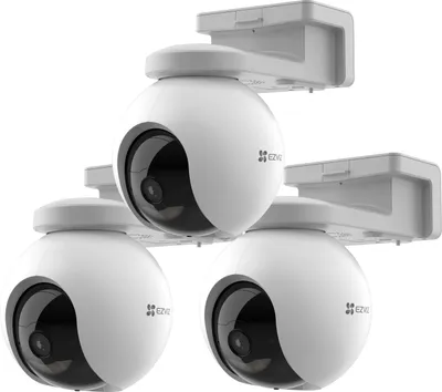 Three white security cameras are mounted on white brackets against a white background.
