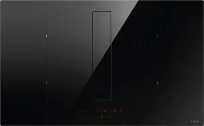 A top-down view of a black induction cooktop with an integrated ventilation system.