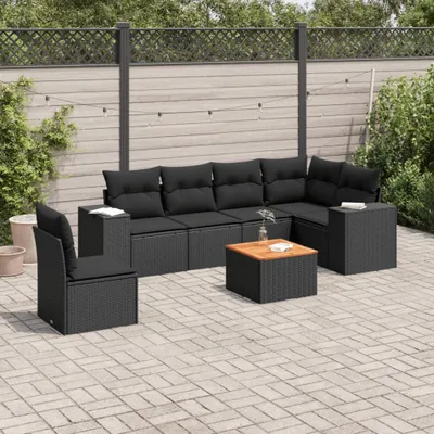 Produktbild von Schlichtes 7-tlg. Garten-Sofagarnitur,Lounge-Gartenmöbel, Gartensofa Set mit Kissen Schwarz Poly Rattan DE9857