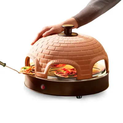 Produktbild von Emerio Pizzarette Original PO-115984 – 1200W – Pizzaofen für 6 Personen – Handgefertigte Terrakotta-Kuppel – Pizza Ofen – 6 Backspachteln - Cool Touch