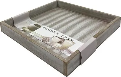 A square wooden tray with a distressed gray finish, presented on a white background. A product label is attached to the tray.