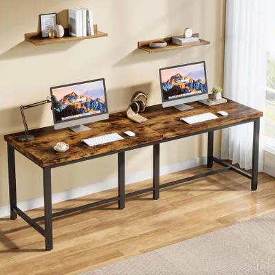 Image de Bureau pour 2 personnes - Bureau d'ordinateur/poste de travail - 200 x 60 cm - Extra long - Structure métallique - Bois d'acajou - Rectangulaire - Marron