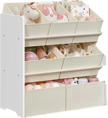 Obrázek produktu pro Police na knihy s 7 úložnými boxy z látky – úsporné řešení – bílá barva – rozměry 29,5 x 62,5 x 60 cm