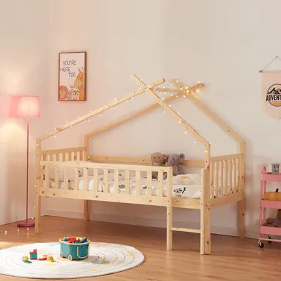 Image de Lit pour enfant 90x200 cm - Lit cabane - Lit en bois - Barrière de sécurité - Bois massif de pin - Naturel