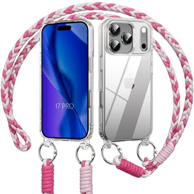 Image de Coque pour iPhone 17 Pro, Protection Anti-Rayures Rigide Transparent avec Cordon Rose Blanc