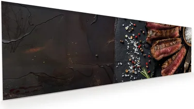 Produktbild von Glasbild 120x40cm in XXL für Wohnzimmer, Schlafzimmer Motiv Gegrilltes Steak Teller