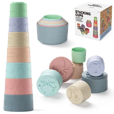 Imagen del producto de Juego de apilamiento Montessori, de 7 piezas, hecho de silicona, juguete para bebés que favorece el desarrollo infantil temprano