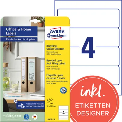 Produktbild von Avery Zweckform LR4761-10, Recycling Ordner-Etiketten, Home Office, Kleinpackung, A4, 61 x 192 mm, 40 Etiketten / 10 Bögen, naturweiß