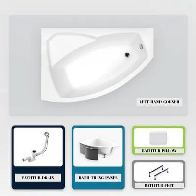 Produktbild von Asymmetrische Badewanne - 140 x 90 cm - Links - mit Verkleidung - mit Füßen - Kopfstütze - Ablaufgarnitur Chrom - RIMA
