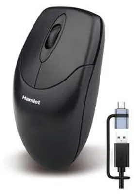 Image de Hamlet Souris Optique USB 1000 DPI Noir Avec Adaptateur USB-A + USB-C Câble 1,8 M
