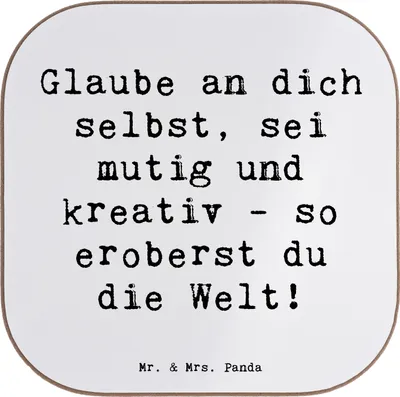 Produktbild von Mr. & Mrs. Panda Untersetzer für Gläser Spruch Die Freude an der Kreativität entdecken - Weiß - Geschenk, Coaster, mutig, gläseruntersetzer, weinuntersetzer, Vertrauem