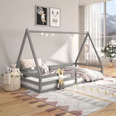 Produktbild von Hausbett SILA aus massiver Kiefer, schönes Montessori Bett in 90 x 200 cm, stabiles Kinderbett mit Rausfallschutz und Dach in grau