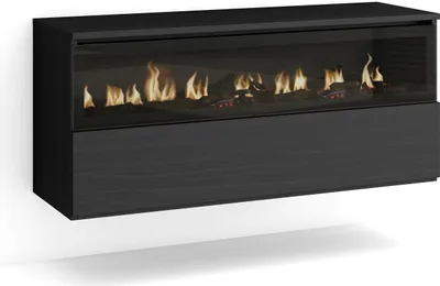 A black electric fireplace with a glass front showing flames.