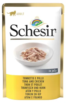 Produktbild von Nassfutter für Katzen SCHESIR Adult Thunfisch mit Hähnchenfilets 24x85g